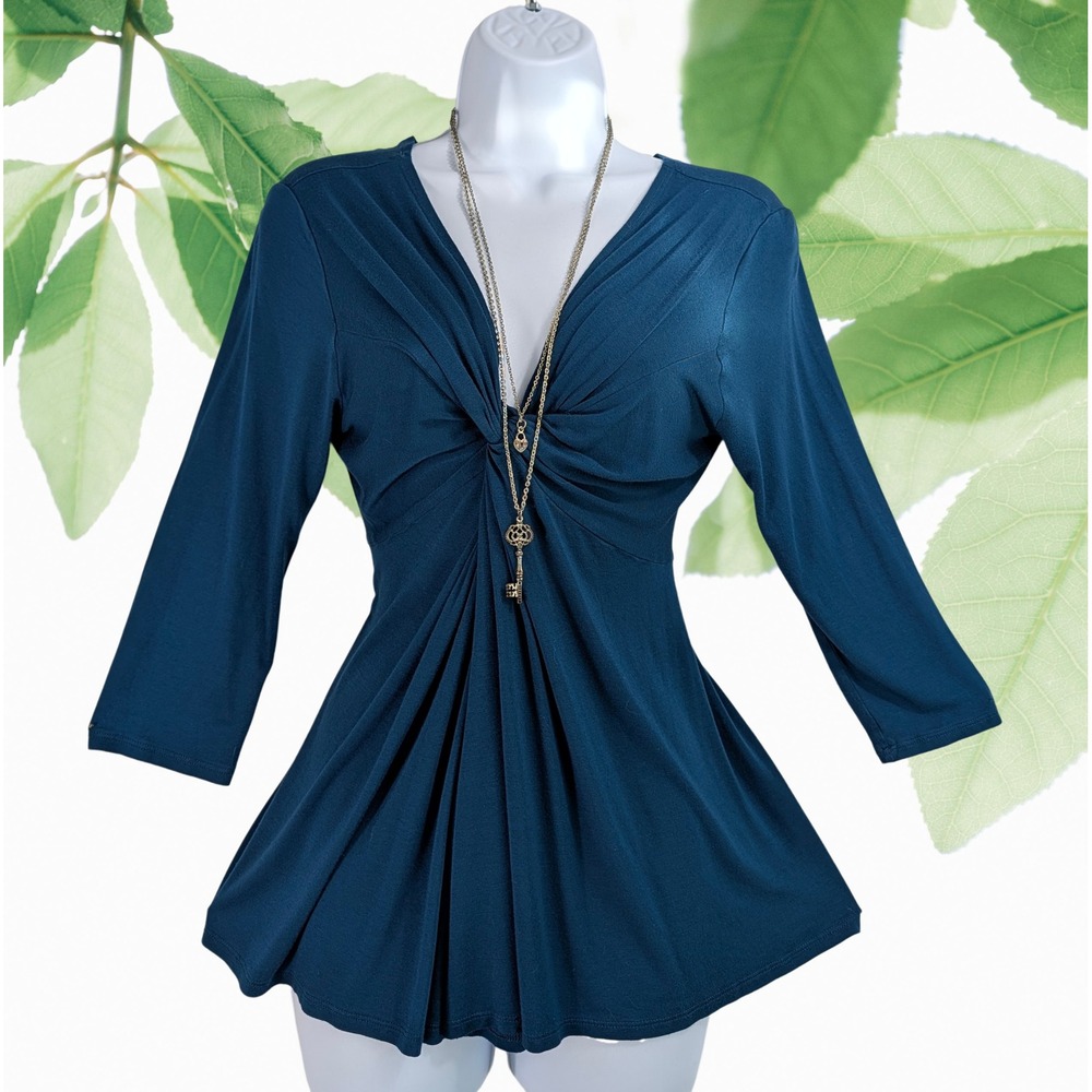 Venus Sz L Blue Twist Front V Neck 3/4 Sleeve Stretch Tunic Top Women's